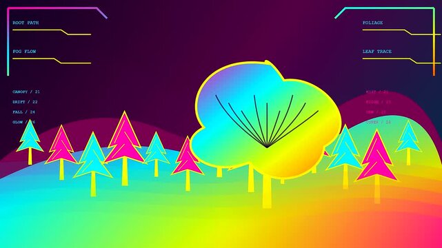An autumn fog blanket drifts through a surreal digital forest landscape featuring glowing neon trees with vibrant colorful leaves and geometric interface display screens for data analysis
