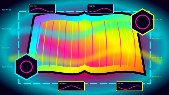 An autumn fog blanket visualizes data flows across a layered digital interface showing undulating colorful gradients and hexagonal icons during a simulated software testing sequence