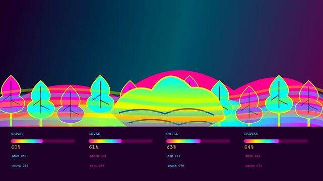 Vibrant autumn fog blanket rolls over stylized geometric hills with changing percentage data readouts in this digital art composition depicting a surreal landscape atmosphere