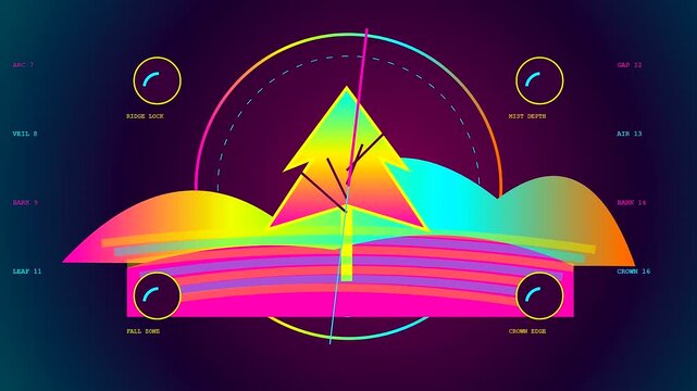 An autumn fog blanket transition shows shifting digital knobs and colorful tree graphics within a retro interface while data parameters fluctuate inside this vibrant UI