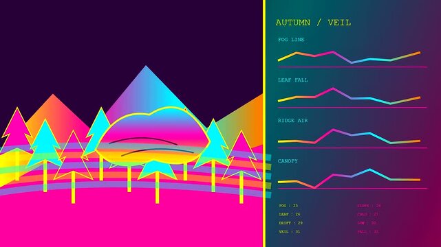 Autumn fog blanket displays geometric forest silhouettes in a vibrant synthwave aesthetic with digital interface line graphs tracking environmental data across changing seasonal landscape visuals