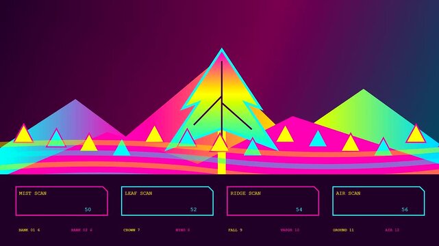 Minimalist geometric mountain art with an autumn fog blanket design rendered in vibrant neon colors and digital data panels for modern retro aesthetic visual projects