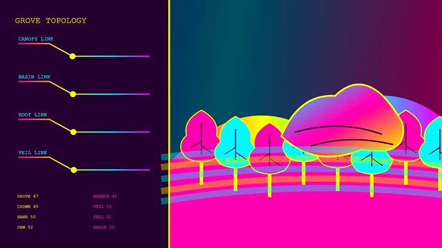 Autumn fog blanket displays colorful stylized tree rows under digital interface sliders showing varied topology data in a vibrant synthwave aesthetic visual motion sequence