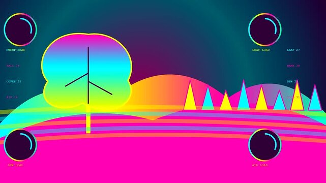 Vibrant autumn fog blanket reveals glowing neon tree icons set against a stylized digital landscape featuring fluctuating graphical data panels with changing circular status gauges