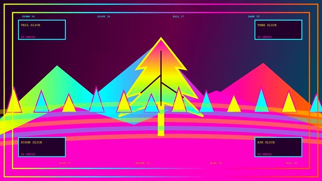 Minimalist geometric mountain scenery with an Autumn Fog Blanket overlay features vibrant color gradients and digital interface overlays displayed across three distinct animated frames of motion