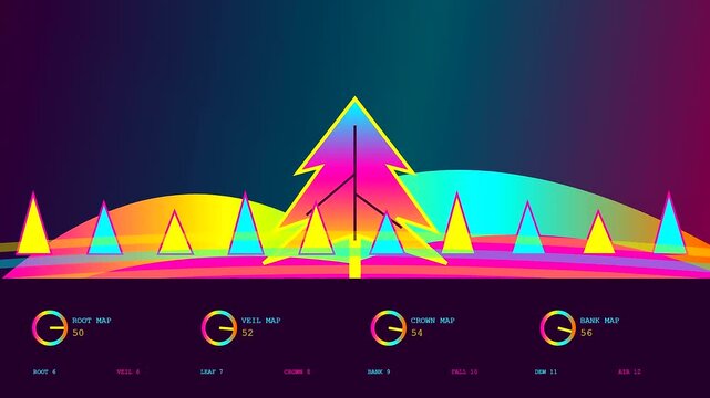 Autumn fog blanket creates a synthetic landscape where vibrant neon tree silhouettes pulse with data visualization metrics across a dark gradient horizon in this loop