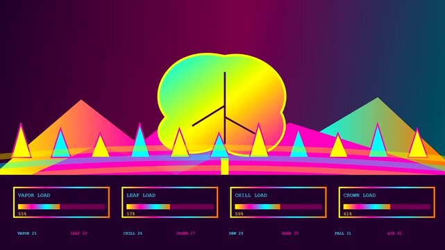 Autumn fog blanket visual data sequence showing tree symbols with evolving vibrant neon color schemes and shifting statistical charts across a dark purple gradient interface screen