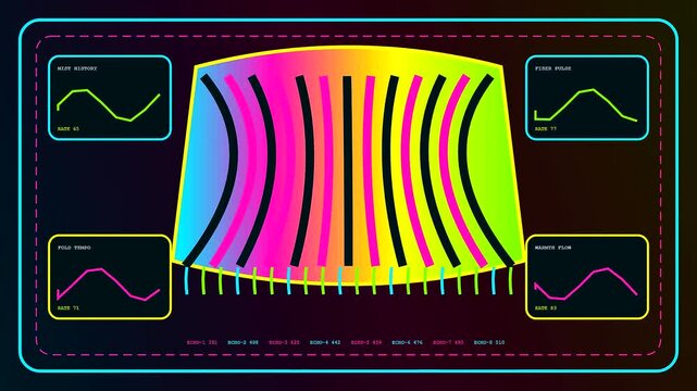 Autumn fog blanket displays digital waveform fluctuations within a pulsating graphical user interface featuring glowing neon spectral lines and fluctuating metrics across a dark obsidian screen