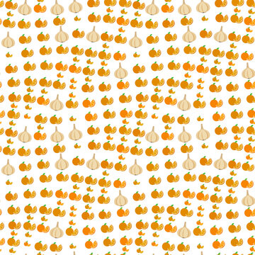 Seamless pattern of oranges and garlic bulbs