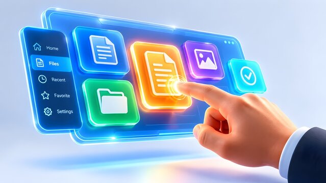 Virtual file interface touched by an executive selecting a glowing document icon. Concept of cloud storage and enterprise data administration.