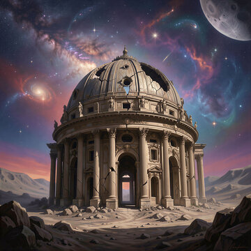 Illustration of An ancient, colossal observatory perched on a desolate moon, its dome cracked and weathered, revealing intricate Baroque architectural