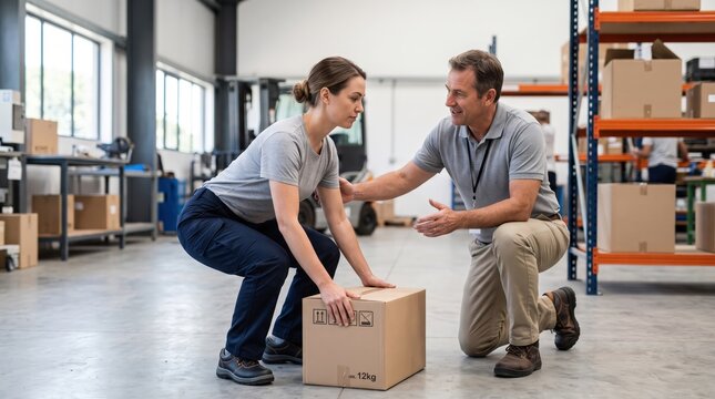 Warehouse worker demonstrates proper lifting technique to colleague with box