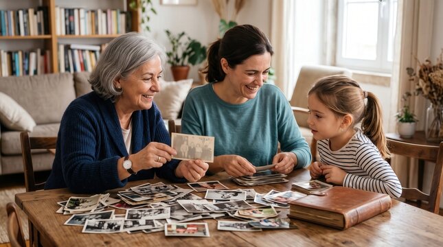 Three generations of women looking at old family photographs together at a table