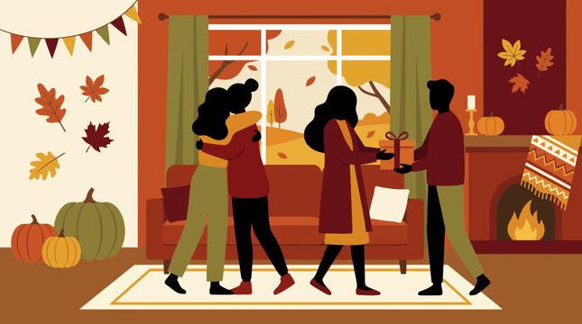 Happy friends gathering indoors during a cozy autumn season celebration at home.