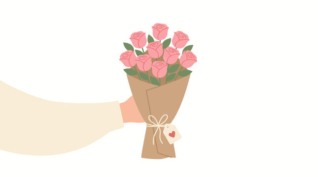 A hand holding a beautiful bouquet of pink roses wrapped in craft paper.