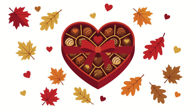 Heart shaped box of assorted chocolates with autumn leaves and hearts background.