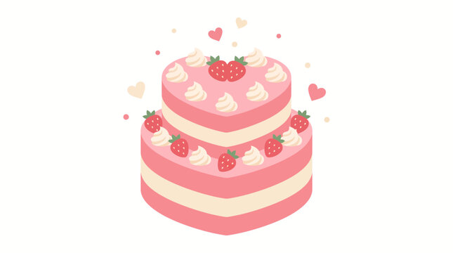 A beautiful two tiered heart shaped strawberry cake illustration for valentines day.