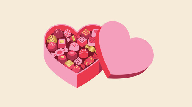 A heart shaped box filled with assorted delicious gourmet chocolates for Valentines Day celebration.