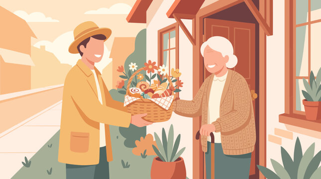 A young man delivering a basket of fresh flowers to an elderly woman at her home.