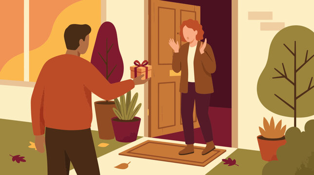 A man surprises a woman with a gift at her front door during autumn.