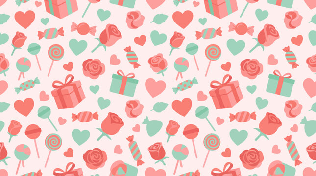 Seamless pattern background with cute romantic elements like hearts roses and gift boxes.
