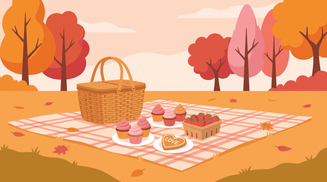 Flat illustration of a cozy autumn picnic with cupcakes and strawberries in a park.