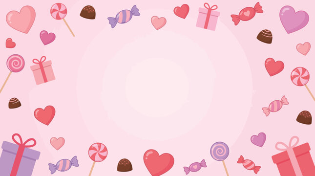Cute Valentine Day background with hearts candies and gift boxes.
