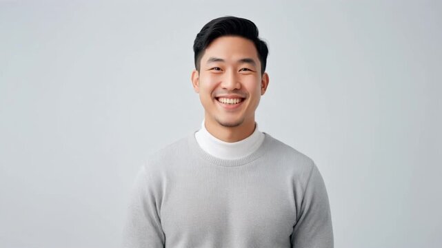純白の空間でライトグレーのニットを着て爽やかな笑顔を見せる男性