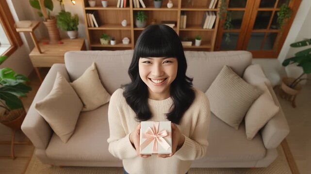 温かなリビングで桃色のリボンを結んだ白い贈り物を抱え微笑む女性