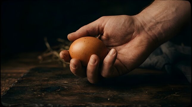 close up of farmer hand holding single fresh brown egg against dark rustic background