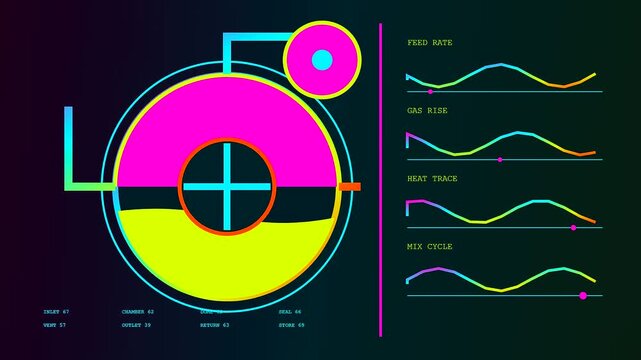 Digital representation of a biogas digester operating with fluid motion waves and animated circular interfaces displayed across three distinct synchronized screens for industrial monitoring purposes