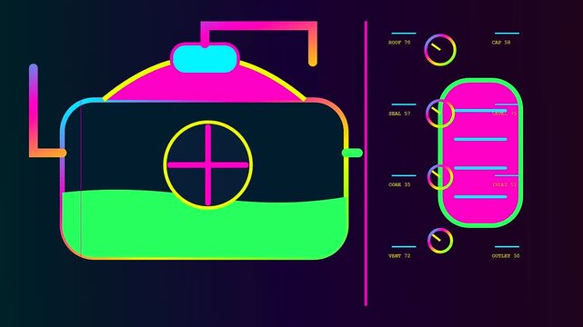 A digital biogas digester graphic interface displays changing fluid levels and sensor data metrics in three sequential panels showcasing industrial fuel production process monitoring with neon lights