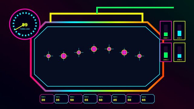 A digital biogas digester monitoring system interface showing fluctuating real time statistical data values displayed in a series of animated neon vector dashboard graphic panels