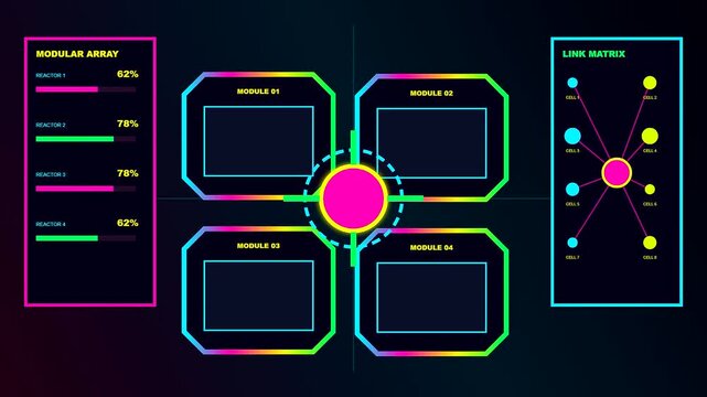 a colorful biogas digester interface monitoring system shifts through three alternating displays showing modular reactor arrays linked to glowing nodes in a dark digital space