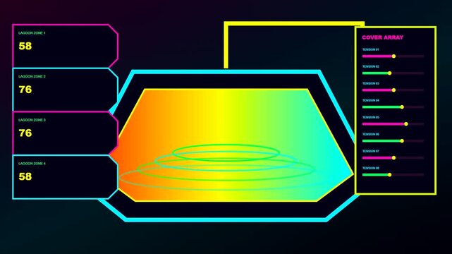 A digital biogas digester interface shows fluctuating sensor data in a grid view featuring neon graphical elements displayed against a dark blurred gradient studio background