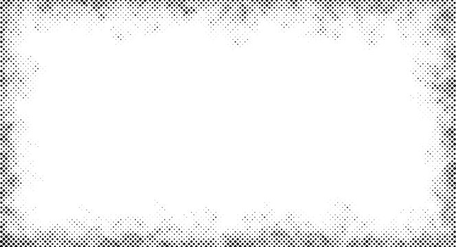 Black and white halftone dot pattern border, rectangular frame with distressed grunge texture and faded edges on a white background