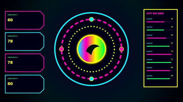 A detailed biogas digester interface display presents animated neon circular dials and numerical data metrics in a dark environment featuring vibrant glowing cyan and pink colors