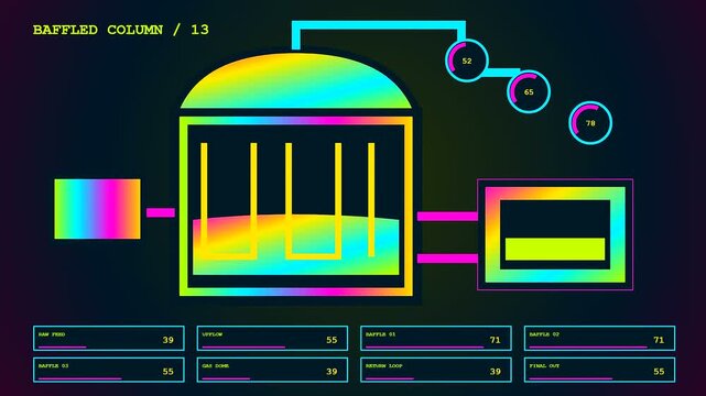 Neon digital monitoring of a biogas digester shown across three sequential panels displaying fluctuating metric values and changing levels for industrial system process analysis and tracking