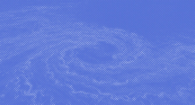 Periwinkle blue background, featuring a swirling, spiral pattern composed, of small white, halftone dots and, circular gradient textures