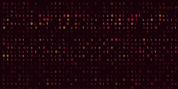 Dark background, featuring a dense, matrix of binary, code with scattered, yellow and red, digits, creating a, repeating pattern of, ones and zeros, digital technology and, data concepts