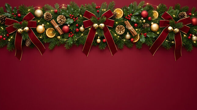 Elegant Christmas Garland Border with Velvet Bows on Red Background