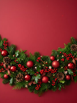 Festive Christmas Wreath Border on Deep Red Background for Holiday Cards