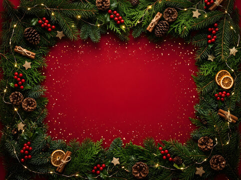Festive Christmas Holiday Background With Pine Branches And Gold Lights