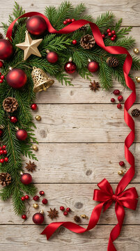 Rustic Christmas Background with Red Ornaments and Pine Branches