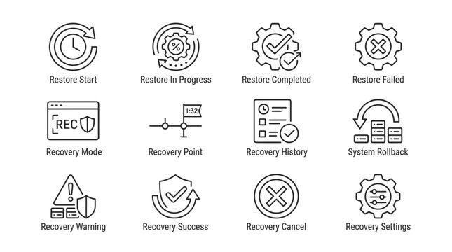 Essential line vector icons representing crucial stages of data recovery, system restoration, rollback operations, and status notifications for modern digital interface design