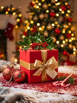 Red Christmas Gift Box with Gold Ribbon and Holly in Snowy Setting