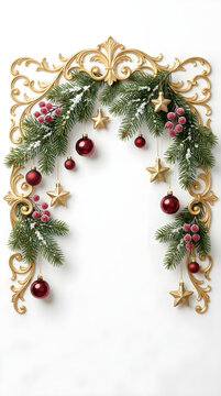 Elegant Gold Ornate Christmas Border With Red Baubles And Pine Needles