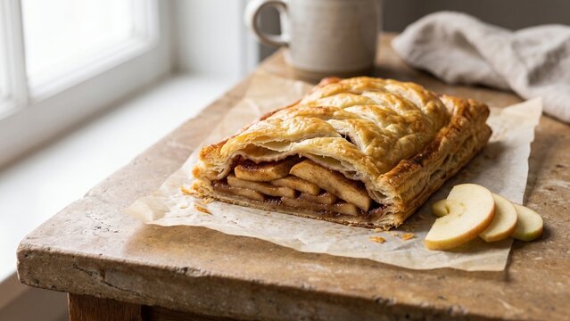 Freshly Baked Homemade Apple Strudel Pastry Sliced on Parchment Paper
