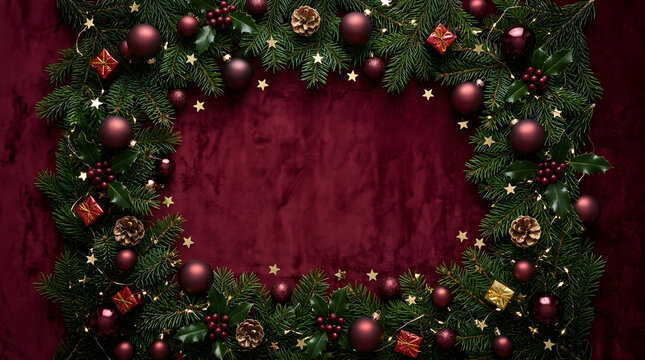 Elegant Christmas Holiday Frame With Deep Red Velvet Background Decor