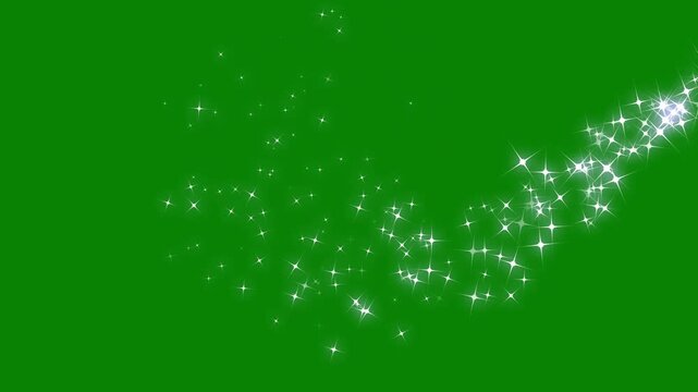 Glittering stars line glowing sparkle trail animation, shimmering starlight trails, twinkling magic dust on green background, luxury white glitter sparkles star trail, pixie dust path, 4k video